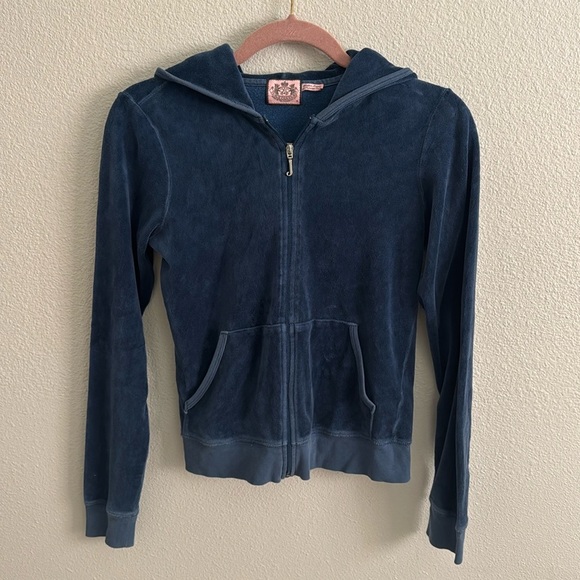 Juicy Couture Vintage Y2K Track Jacket Blue Terry Cloth Full Zip Hooded Velour - Picture 1 of 7